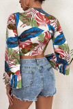 Tropical Floral Print Flare Sleeves Front Tie Crop Top