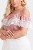 Pink Off Shoulder Lace Patchwork Plus Size Short Sleeves Top