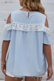 Baby Blue Cold Shoulder Lace Splicing Plus Size Short Sleeves Top