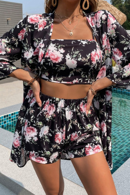 Floral Print Crop Top and Shorts and Cover Up 3pcs Set
