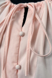 Pink Open Button Front Tie Puff Sleeves Shirt