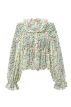 Open Button Pleated Puff Long Sleeves Floral Blouse Shirt