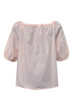 Pink Open Button Front Tie Puff Sleeves Shirt