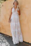 White Lace Contrast Backless Spaghetti Straps Maxi Dress
