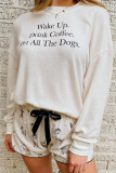 White Long Sleeve Letters Pullover and Animal Shorts Lounge Set