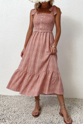 Pink Button Down Smocked Top Ruffle Floral Maxi Dress