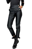 Black Metal Buttons PU Leather Pants with Pockets