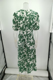 Green Button Down V Neck High Waist Floral Dress