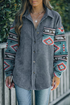 Gray  Aztec Pattern Sleeve Pocketed Corduroy Shirt