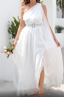 White One Shoulder Sleeveless Split Prom Dress