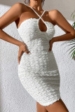 White Pleated Backless Halter Bodycon Dress