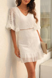 White V Neck Flare Sleeves Lace Mini Dress