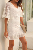 White V Neck Flare Sleeves Lace Mini Dress