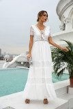 White Lace Crochet Patchwork Tiered Long Dress 