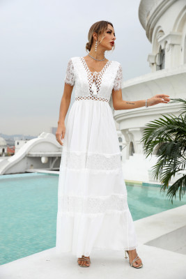 White Lace Crochet Patchwork Tiered Long Dress 