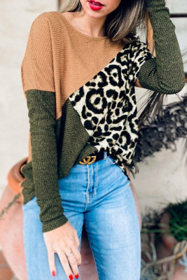 Multicolor Leopard Color Block Long Sleeve Knit Top