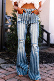 Sky Blue High Waist Distressed Striped Flare Jeans