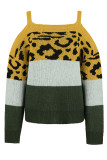 Leopard Color Block Drew Shoulder Knit Sweaters