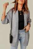 Grey Ribbed Open Front Knit Cardigan