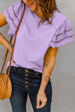 Purple Hollow Out Ruffle Sleeve T-shirt
