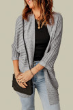 Grey Ribbed Open Front Knit Cardigan