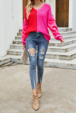 Pink Leopard Colorblock V Neck Sweater 