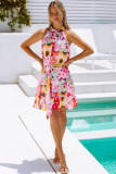 Multicolor Floral Polka Dot Print Belted Ruffled Sleeveless Mini Dress