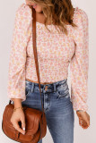 Pink Square Neck Puff Sleeve Floral Smocked Top