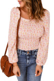 Pink Square Neck Puff Sleeve Floral Smocked Top
