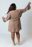 Khaki Plus Size Ruffled Long Sleeve Animal Spotted Print Dress