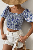 Blue Puffy Sleeves Smocked Square Neck Floral Crop Top