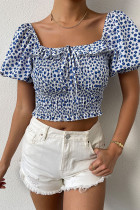 Blue Puffy Sleeves Smocked Square Neck Floral Crop Top