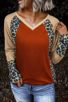 Brown Colorblock Leopard V Neck Long Sleeve Top