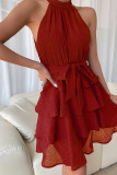 Plain Texture Halter Tiered Mini Dress