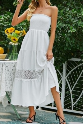 White Smocked Bandeau Lace Hollow Out Maxi Dress