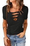 Black Strappy Hollow-out Neck Rib Knit T Shirt