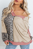 Leopard Colorblock Patchwork Waffle Knit Hoodie