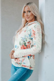 Apricot Floral Print Lace Contrast Long Sleeve Hoodie