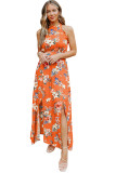 Orange Halter Neck Sleeveless Floral Dress with Slits