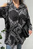 Black White Paisley Print Open Button Cold Shoulder Long Sleeves Shirts