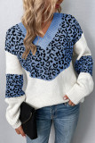 Leopard Splicing V Neck Long Sleeve Knit Sweater 