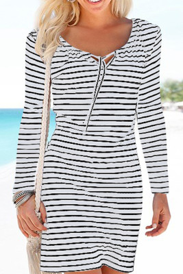 Open V Neck Front Tie Striped Long Sleeves T Shirt Dress