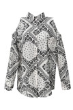 Black White Paisley Print Open Button Cold Shoulder Long Sleeves Shirts