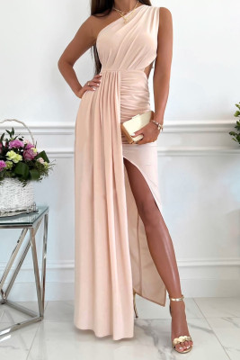 Apricot Pleated One-Shoulder Slit Maxi Evening Dress