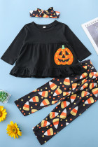 Pumpkin Emboridery Black Long Sleeves Top with Printed Pants and Bow Girl 3pcs Set