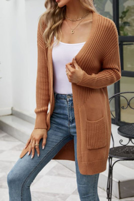 Ribbed Open Front Long Pocket Cardigan 