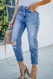 Blue Ripped Washed Stretch Denim Jeans Pants