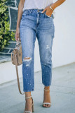 Blue Ripped Washed Stretch Denim Jeans Pants
