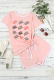 Pink Leopard Hat Print Short Sleeve T Shirt and Drawstring Shorts Loungewear