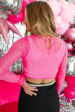 Hot Pink Rhinestone Embellished Sheer Crop Top